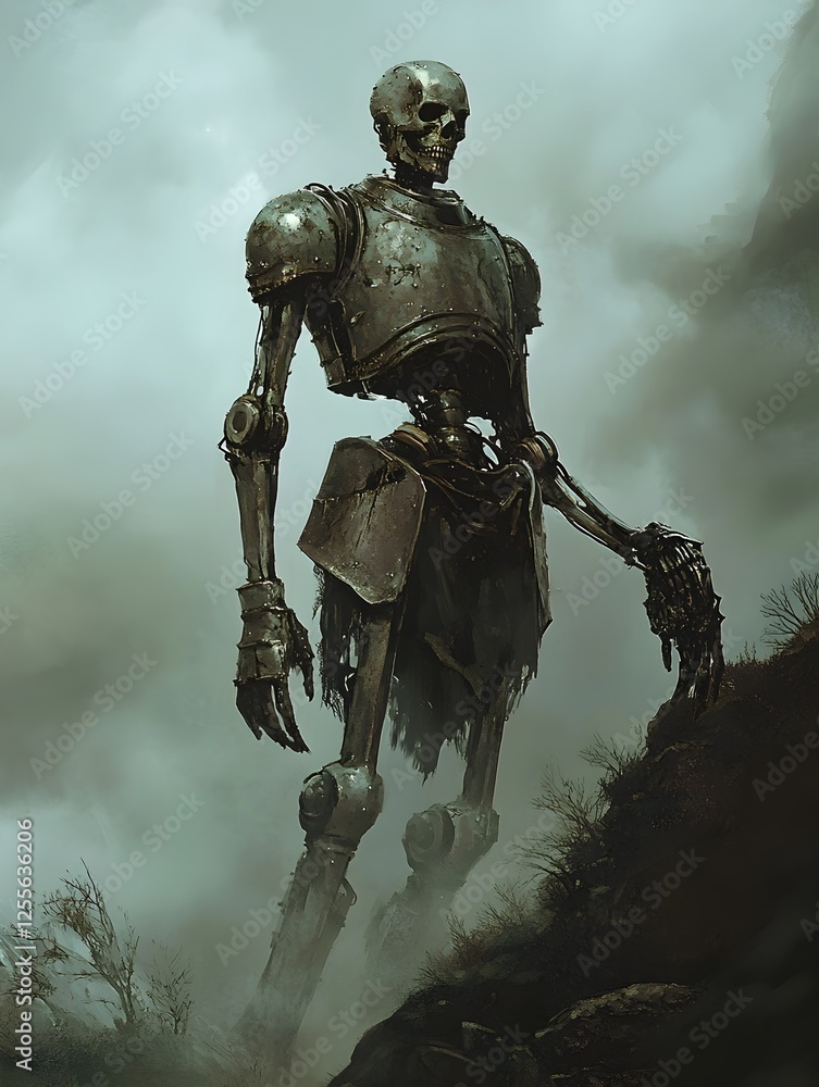 Naklejka premium A titanic mechanical knight, abandoned in a misty valley, missing an arm.