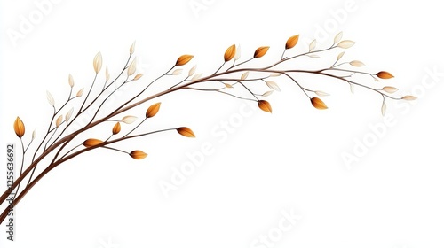 Elegant branch with brown leaves and delicate buds on a clean white background