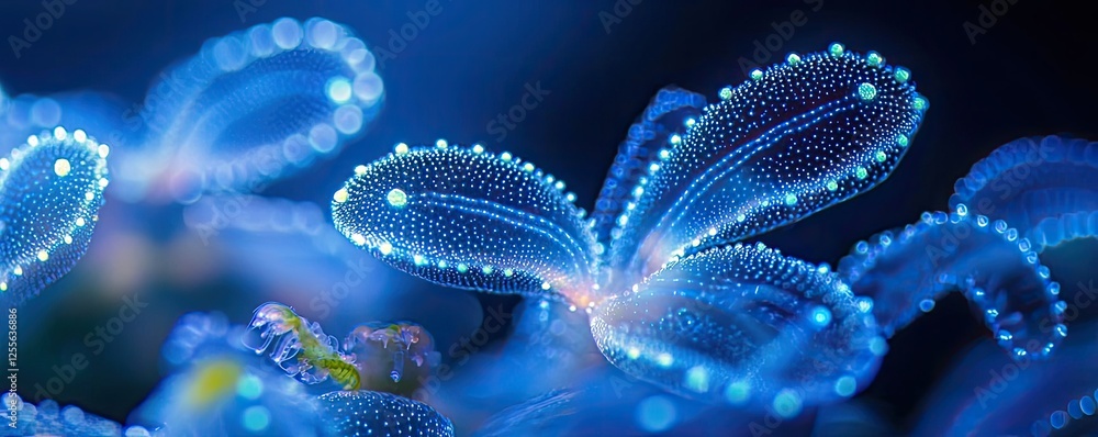 Marine life microscopic idea. Close-up of shimmering blue leaves with intricate details and dewdrops. Marine life microscopic idea. Close-up of shimmering blue leaves with intricate details and dewdrops.