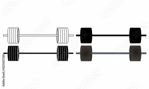 Vector set illustration of a barbell in outline, silhouette, and 3D styles. Ideal for gym, fitness, weightlifting, bodybuilding, workout, sports, and strength training designs.