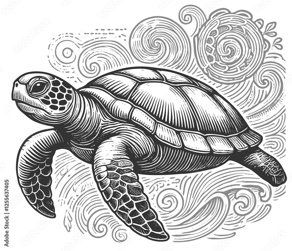 Fototapeta premium Tortoise Surrounded by Leaves and Flowers raster