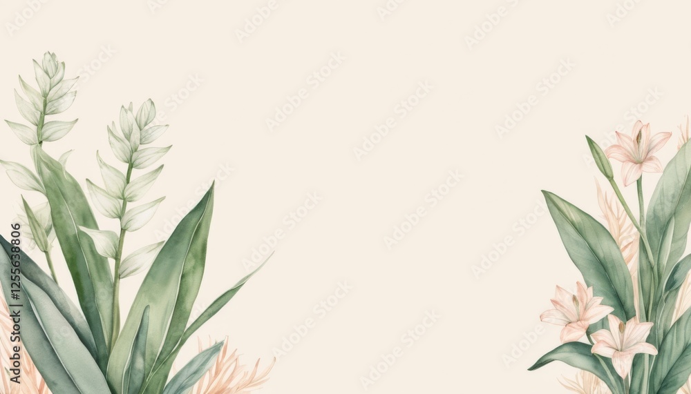 Watercolor botanical illustration, green foliage and delicate peach flowers, nature-inspired artwork with copy space Watercolor botanical illustration, green foliage and delicate peach flowers, nature-inspired artwork with copy space