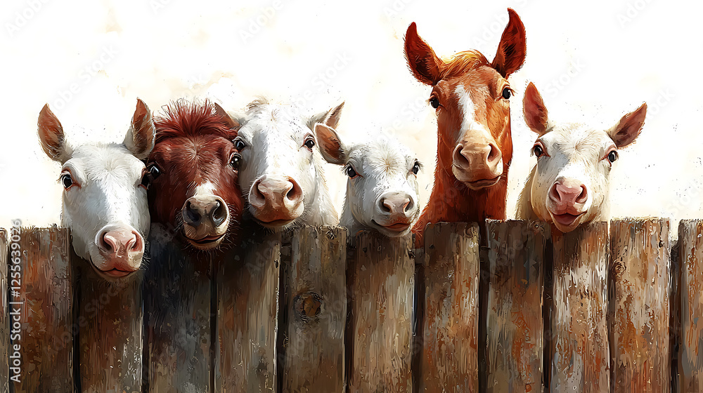Horses and goats peeking over fence, sunny day, rural farm Horses and goats peeking over fence, sunny day, rural farm