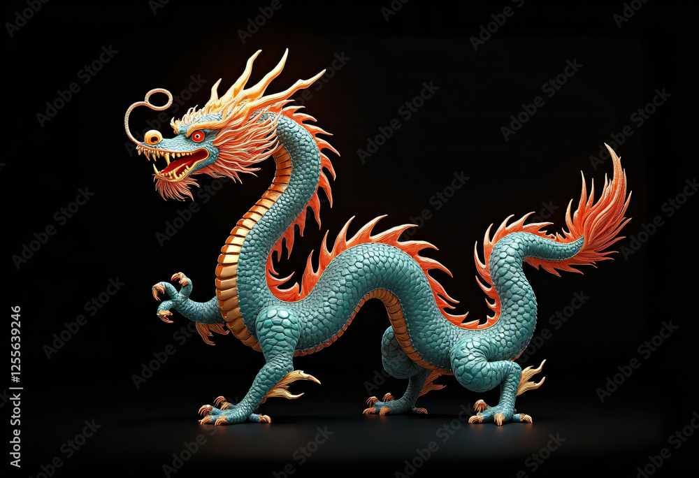 Fototapeta premium Ornate Blue and Gold Chinese Dragon Sculpture with Intricate Details