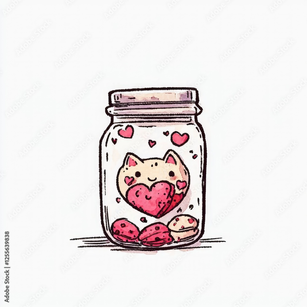 Adorable Cat in a Jar of Hearts Cute Watercolor Illustration Adorable Cat in a Jar of Hearts Cute Watercolor Illustration