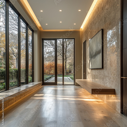 Modern home entryway with nature view, wood floors, and natural light
