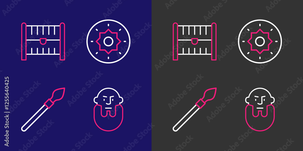 Set line Viking head, Medieval spear, Shield viking and Antique treasure chest icon. Vector Set line Viking head, Medieval spear, Shield viking and Antique treasure chest icon. Vector