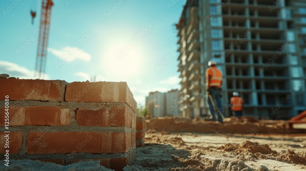 Close-up of bricks and construction workers in the background, Under construction site concept. Close-up of bricks and construction workers in the background, Under construction site concept.