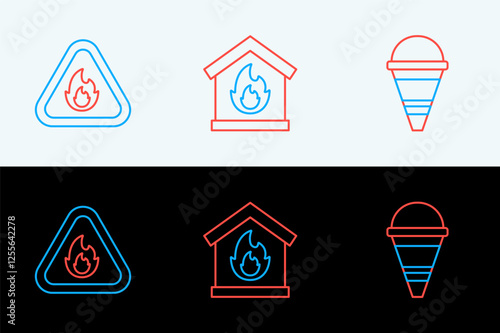 Set line Fire cone bucket, flame in triangle and burning house icon. Vector