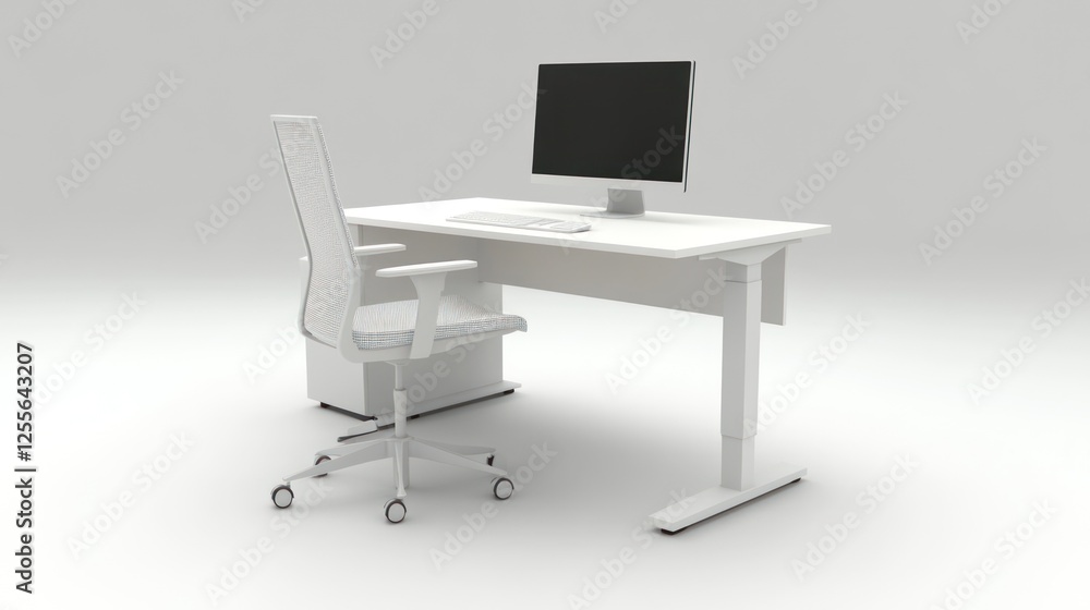 Modern white adjustable height office desk with chair, studio shot Modern white adjustable height office desk with chair, studio shot