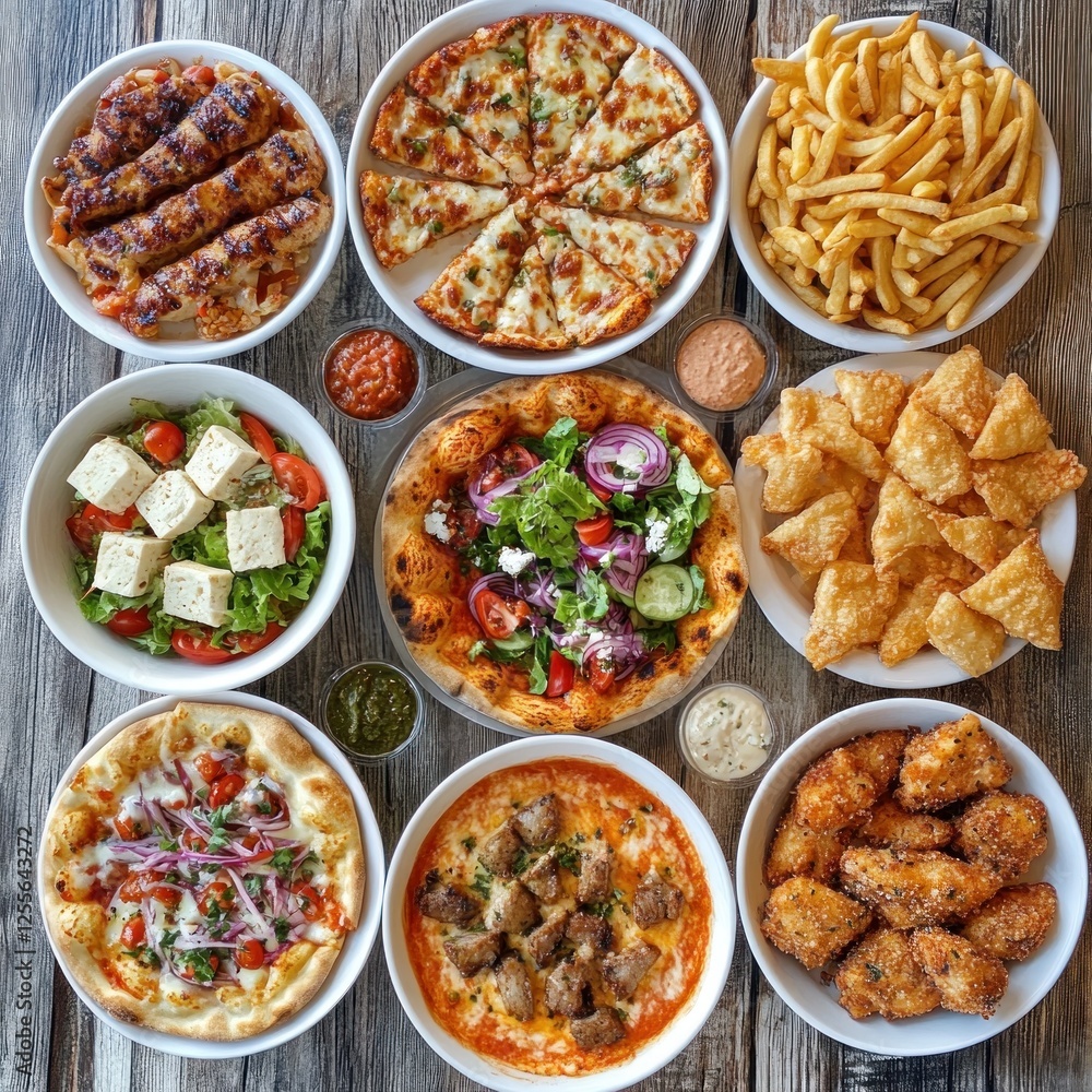 Delicious food platter pizzas, fries, salad, kebabs Delicious food platter pizzas, fries, salad, kebabs