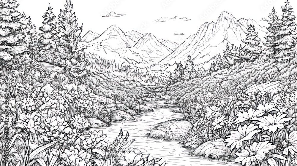 Mountain stream flows through wildflowers, majestic peaks background. Coloring book page