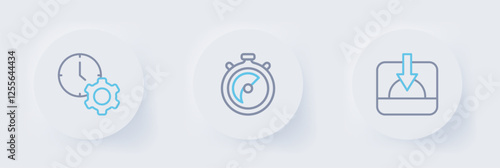 Set line Sunset, Stopwatch and Time management icon. Vector
