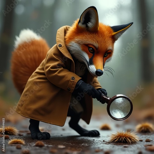 Fox Detective Examining Evidence In Forest