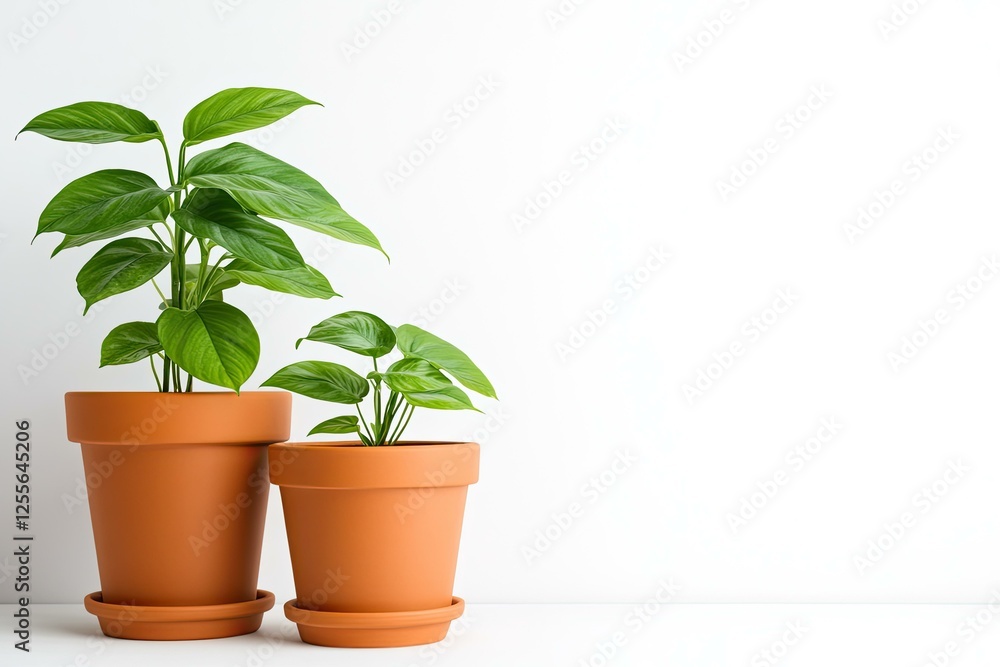 Fototapeta premium Two potted Philodendron plants of varying sizes in terracotta pots against a white background.