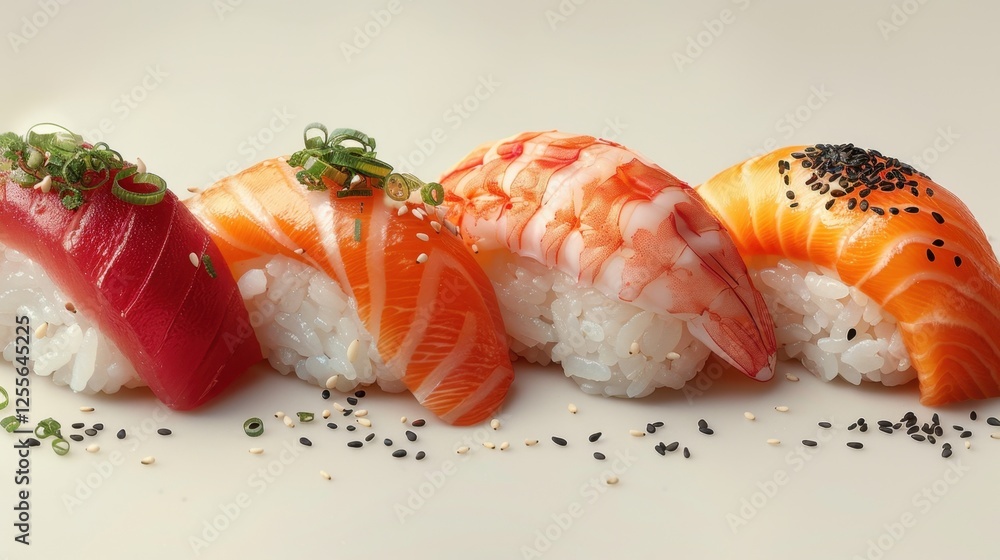 A plate of sushi with salmon, tuna, and shrimp nigiri, delicate and fresh presentation A plate of sushi with salmon, tuna, and shrimp nigiri, delicate and fresh presentation