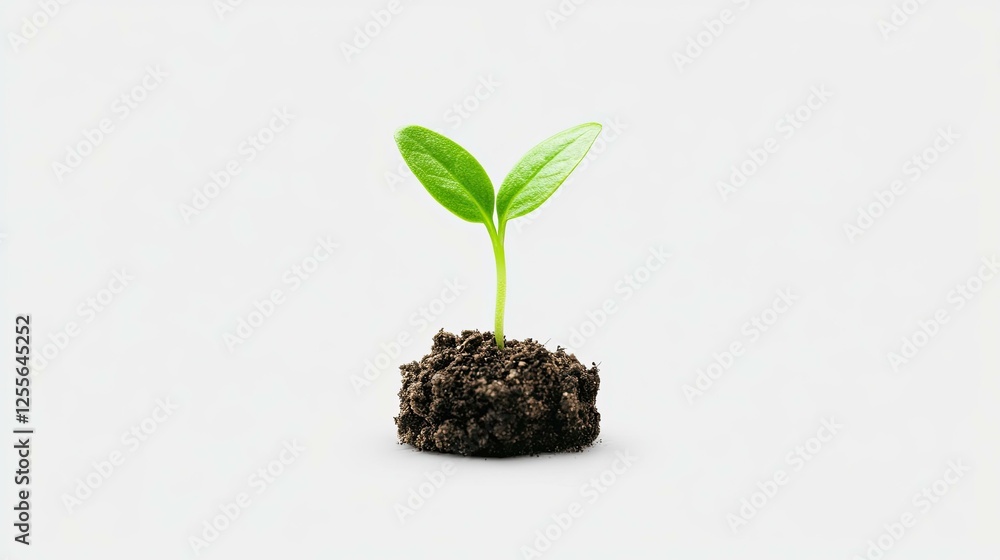 A Single Green Sprout Emerging from a Small Mound of Dark Soil Against a Plain White Background A Single Green Sprout Emerging from a Small Mound of Dark Soil Against a Plain White Background