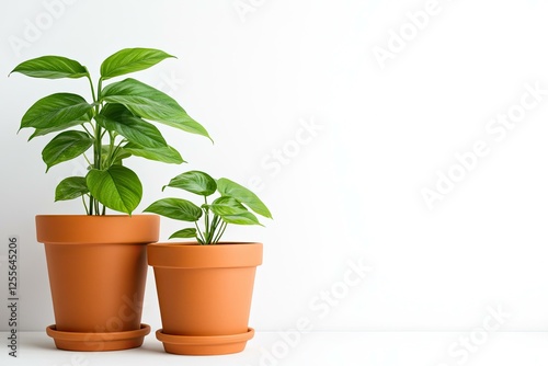 Wallpaper Mural Two potted Philodendron plants of varying sizes in terracotta pots against a white background. Torontodigital.ca