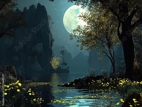 Mystical Moonlight: Tranquil Lake Scene with Mountains and Wildflowers photo