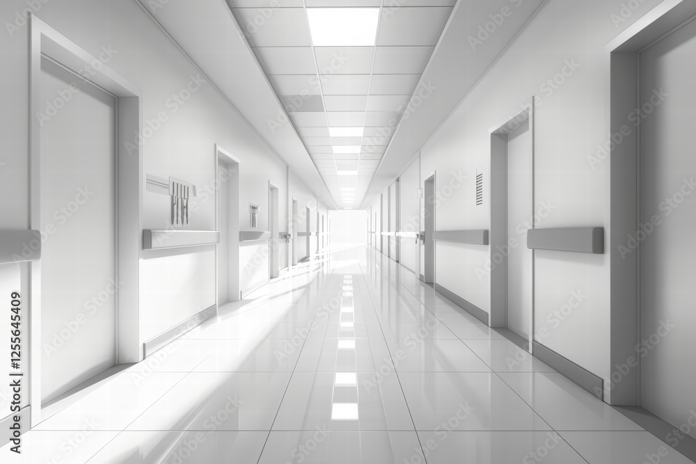 Fototapeta premium A spacious and bright hospital ward with white walls and hospital beds.