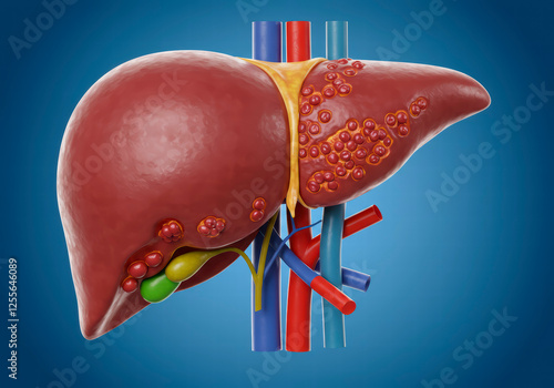 Medical 3D Rendering of Hepatitis B and C Effects, Showing Liver Inflammation, Fibrosis, and Cirrhosis Development photo