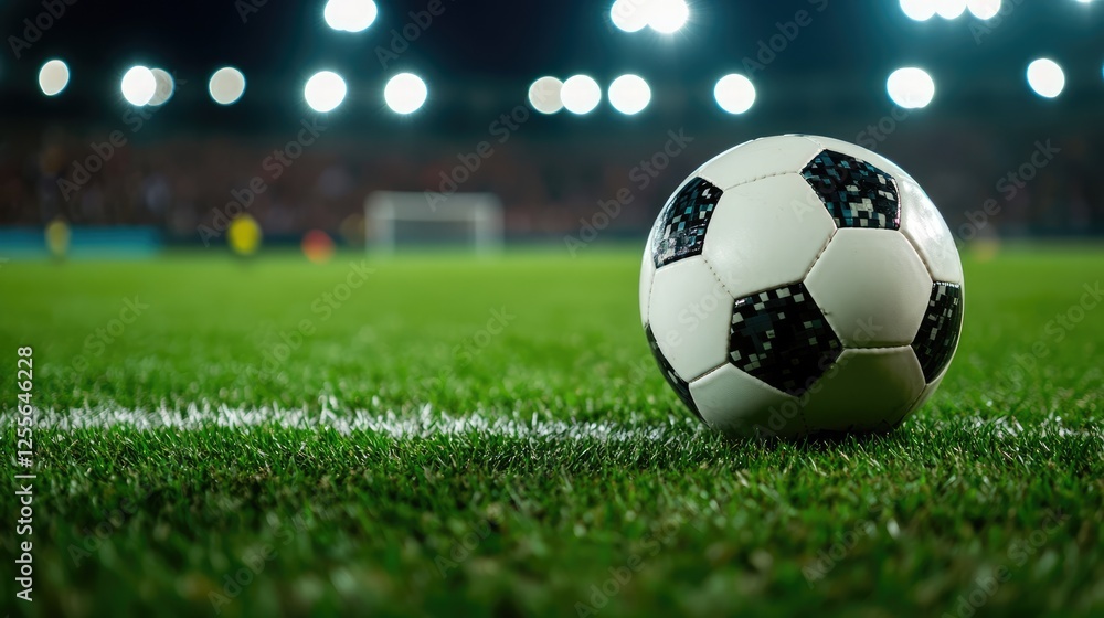 Fototapeta premium Closeup soccer ball on grass of football field at crowded stadium with spotlights at evening time