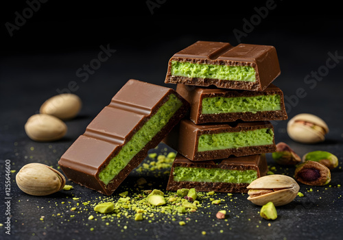 Obraz na płótnie Close-up of rich Dubai chocolate bars with vibrant green pistachio paste, surrounded by fresh pistachios. A gourmet treat with a nutty flavor, captured in an elegant and indulgent composition w salonie