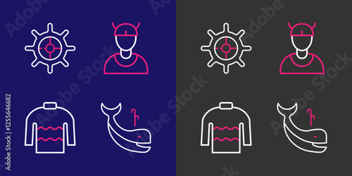 Set line Whale, Sweater, Viking head and Ship steering wheel icon. Vector