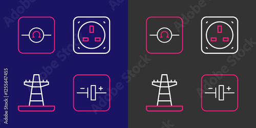 Set line DC voltage source, Electric tower line, Electrical outlet and Ohmmeter icon. Vector photo