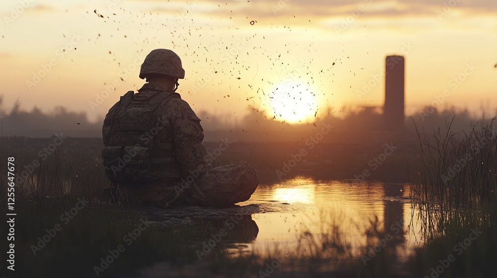 Fototapeta premium Soldier reflects in solitude battleground emotional scene warzone introspective viewpoint contemplation of sacrifice and duty