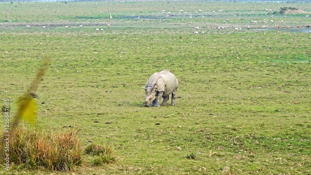 Great Indian one horned rhinoceros grazing Great Indian one horned rhinoceros grazing