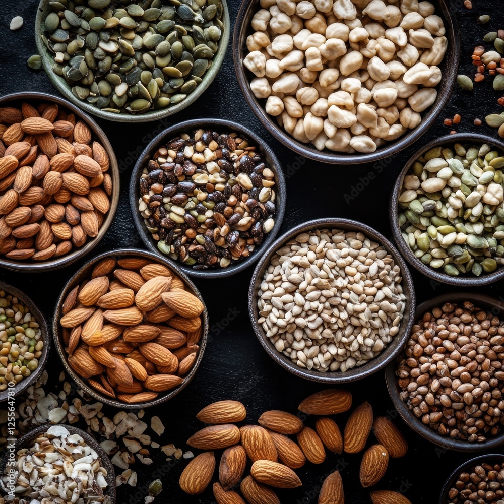 Assorted Raw Seeds and Nuts in Different Varieties Assorted Raw Seeds and Nuts in Different Varieties