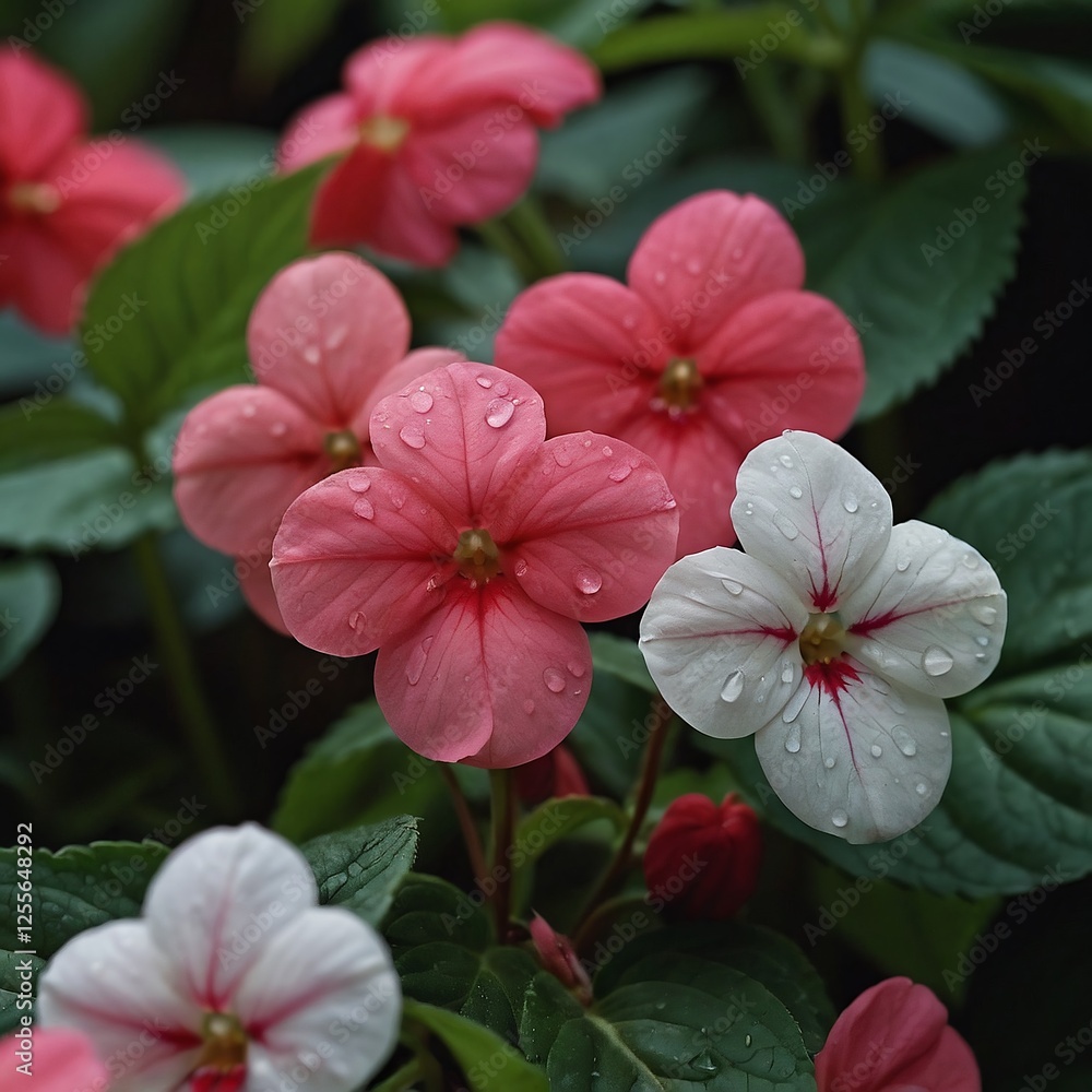Obraz premium Vibrant Red Impatiens Blooms in Backyard Garden Close-Up