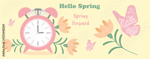 Vector alarm clock, daylight saving time clock isolated on pink background with flowers, Butterflies. Inscription. Suitable for cards, invitations, congratulations, banner