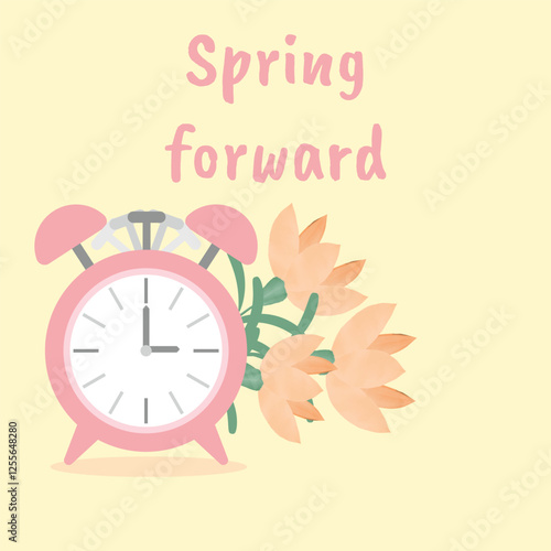 Vector alarm clock, daylight saving time clock isolated on pink background with flowers. Inscription. Suitable for cards, invitations, congratulations