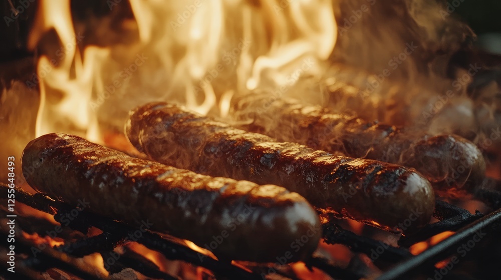 Close-up of bratwurst sausages sizzling on a grill with flames and smoke, capturing the essence of outdoor grilling Close-up of bratwurst sausages sizzling on a grill with flames and smoke, capturing the essence of outdoor grilling