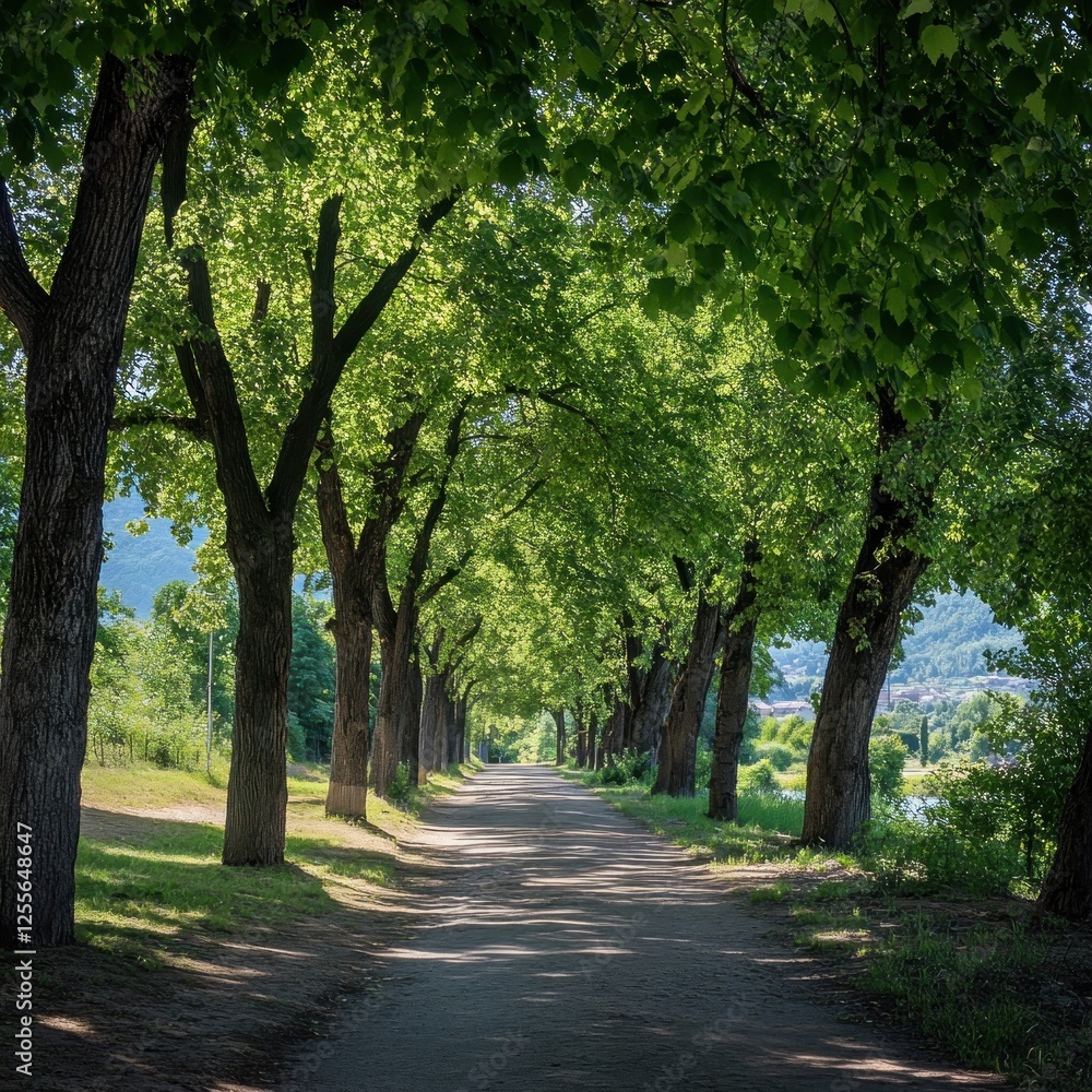 Sunlit path, tree-lined avenue, riverside park, summer Sunlit path, tree-lined avenue, riverside park, summer