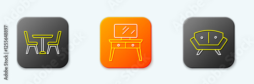 Set line Table with chair, Dressing table and Sofa icon. Vector