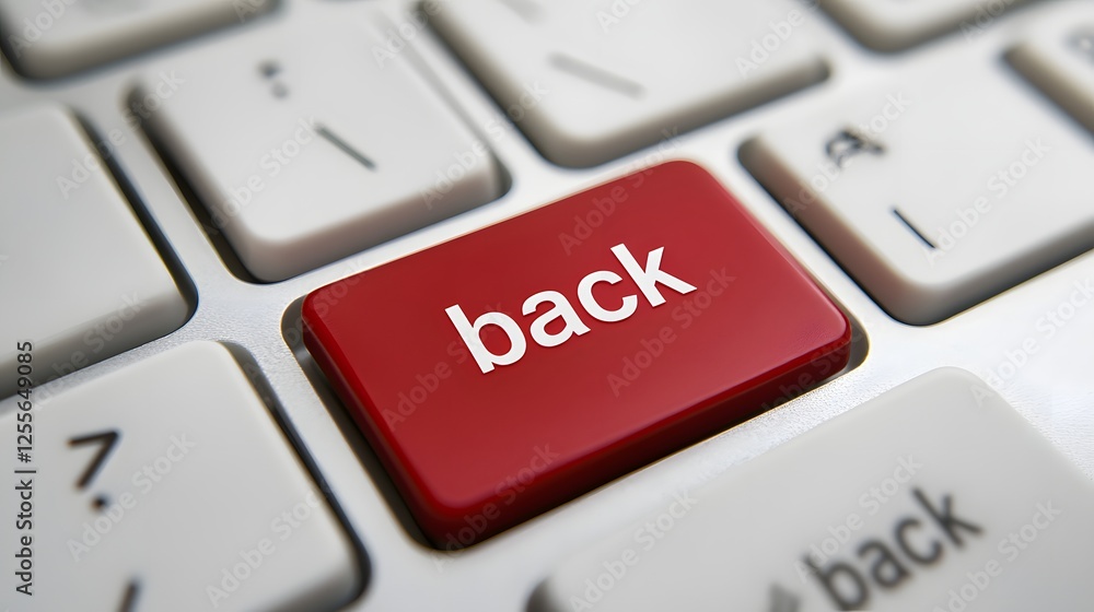 Red 'Back' title key on a white keyboard in close-up detail, showcasing technology and office themes Red 'Back' title key on a white keyboard in close-up detail, showcasing technology and office themes