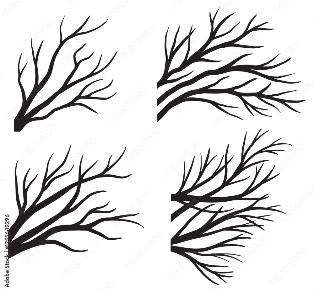 Obraz premium Bare tree branches on white background. Black and white dead tree clipart. Branch silhouette icon set. Hand drawn black tree twig. Cartoon dry tree without leaves