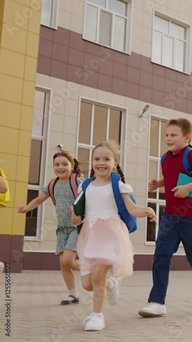 happy children school backpacks run game recess group team runners childhood boy girl dream, youth team, spirited run, youthful energy, joyful children, childhood exuberance, group of kids, kids in