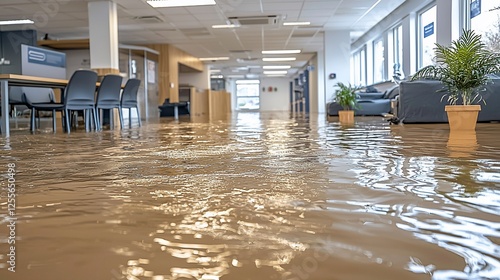Flooded office lobby; water damage; cleanup needed; insurance claim