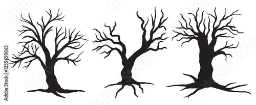 Hand drawn naked trees isolated on white background. Vector black silhouette of three bare trees clipart with roots. Cartoon dead tree branches without leaves vector illustration