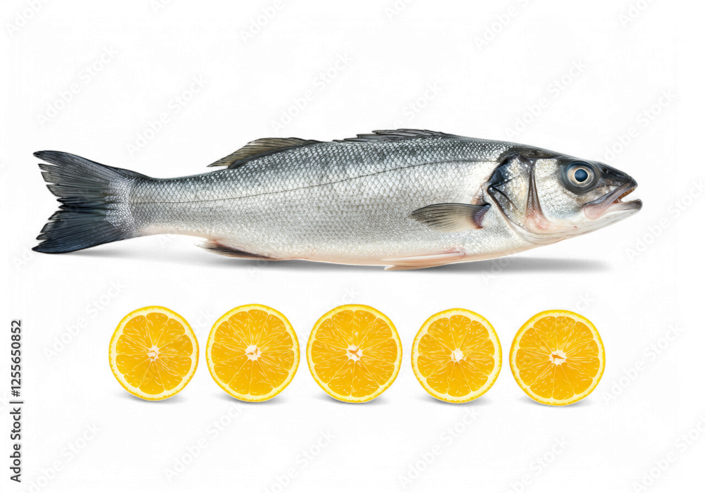 Raw Sea Bass with Orange Slices on Black Background Culinary Still Raw Sea Bass with Orange Slices on Black Background Culinary Still
