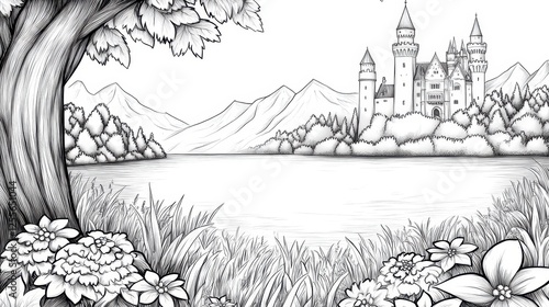 Wallpaper Mural Black and white landscape scene, featuring a tranquil lake, mountains, castle, and trees, in a stylized, detailed, and artistic style. Torontodigital.ca