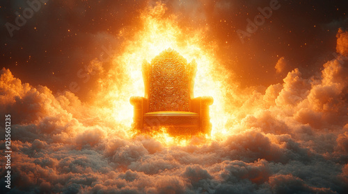 Ornate throne in flames above the clouds, fantasy scene