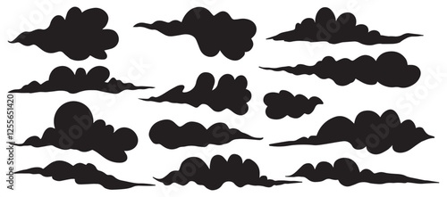 Silhouettes of cloud computing icon. Abstract black simple cloud icon outline and filled sign. Set of cloud vector  illustration for graphic design. Weather climate symbol, cartoon bubble, cloudy sky