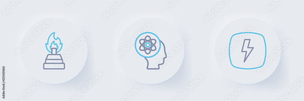 Set line Lightning bolt, Atom and Alcohol or spirit burner icon. Vector Set line Lightning bolt, Atom and Alcohol or spirit burner icon. Vector