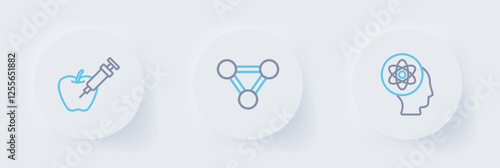 Set line Atom, Molecule and Genetically modified apple icon. Vector