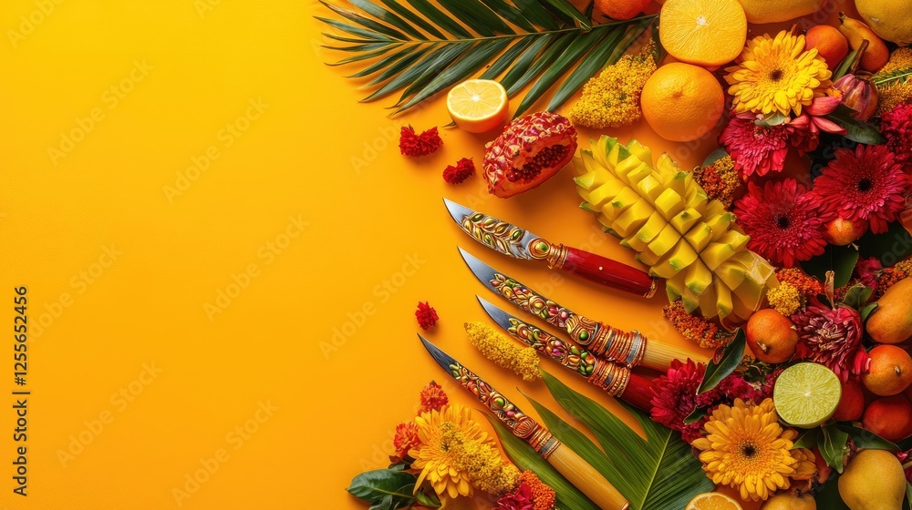 Naklejka premium Festive Thaipusam banner with a yellow-orange gradient, decorated kavadi knives, fruits, and flowers arranged for a cultural celebration